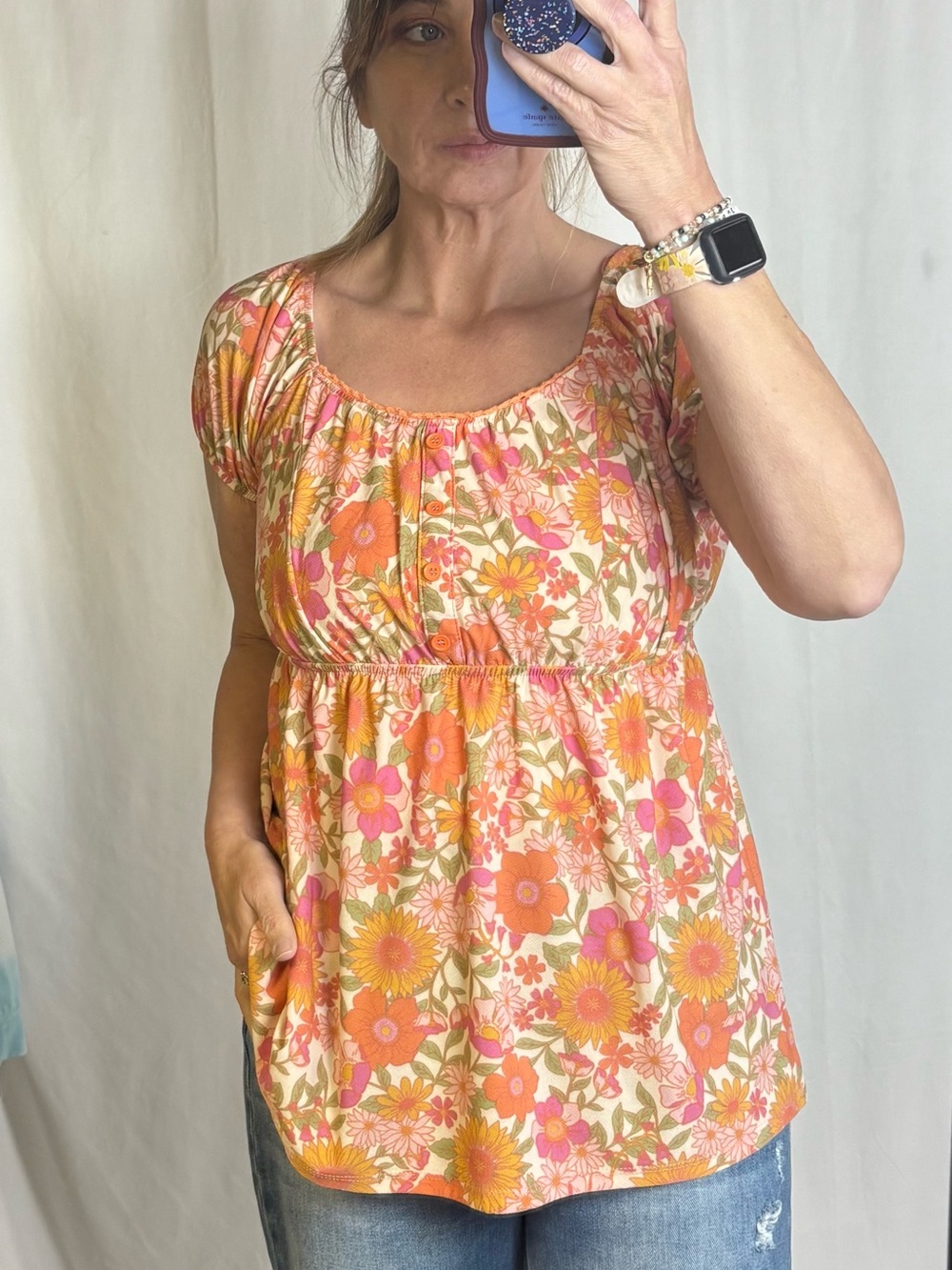Women’s Pink & Orange Floral Smocked Waist Blouse